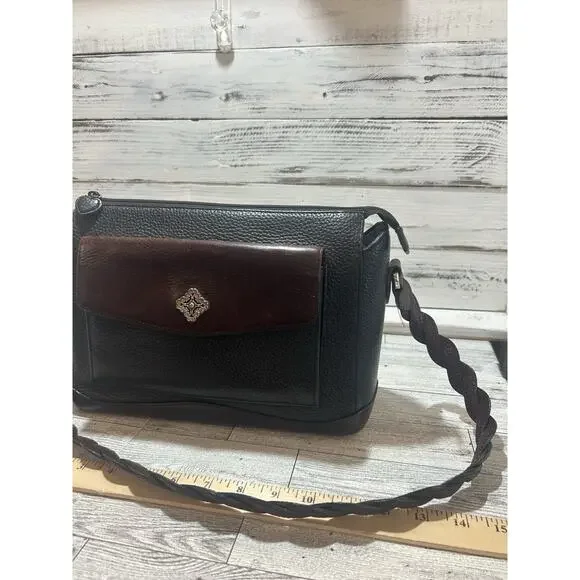 Brighton Two Tone Leather Shoulder Handbag Purse Black Brown floral interior - Picture 2 of 13